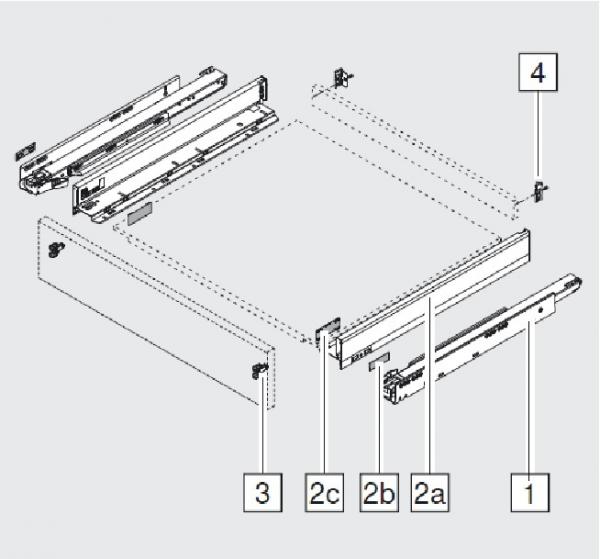 Schubkasten-Bausatz, Legrabox, Zargenhöhe 90 mm, Systemhöhe M, mit Korpusschiene 40/70 kg Blumotion